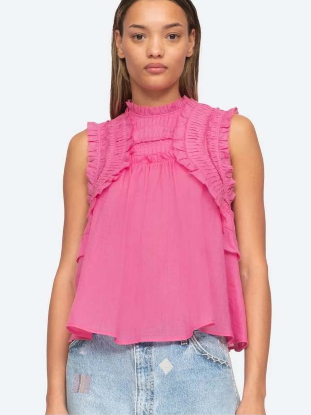SEA NY smocked ramie Cole tank ruffle layered sleeveless top pink XXS